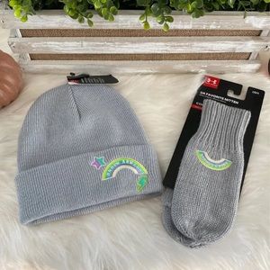 New Youth Under Armour matching beanie and mitten gloves